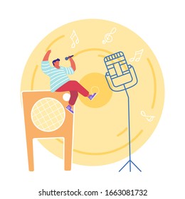 Young Man Sitting on Huge Dynamics on Stage Holding Microphone and Singing Song at Karaoke Bar or Night Club. Music Entertainment Leisure, Hobby Cartoon Flat Vector Illustration, Line Art, Round Icon