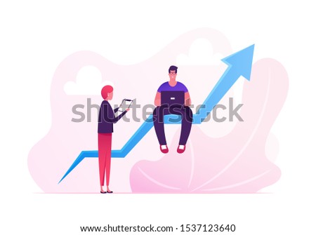 Young Man Sitting on Huge Growing Arrow Working on Laptop, Businesswoman Stand nearby. Businesspeople Working on Growth Data Analysis Graph Financial Statistic Diagram Cartoon Flat Vector Illustration