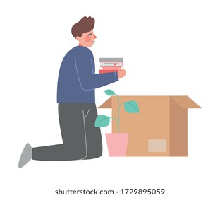 Young Man Sitting on Knees Packing his Stuff Preparing for Relocation, Guy Moving to New Home Vector Illustration