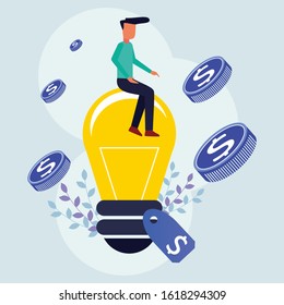 Young man sitting on a lamp surrounded by coins, bright ideas, increased business. Modern vector illustration