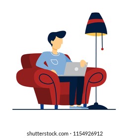 Young man sitting on the red armchair and working on the laptop computer. Isolated flat vector illustration