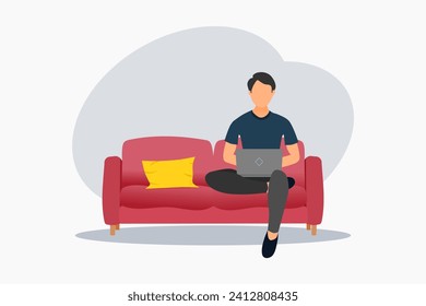 A young man sitting on the red sofa and working on a laptop. Vector illustration.