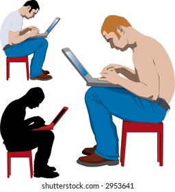 Joven sentado en una mesa roja trabajando con una laptop. Ilustración vectorial y silueta