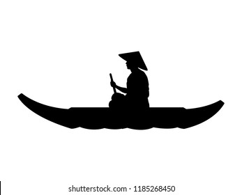 Young man sitting on rowboat silhouette vector. Asia culture isolated on white.