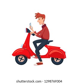 Young man sitting on a scooter and see the phone. Isolated cartoon vector illustration