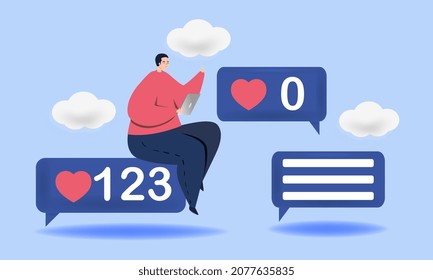 Young man is sitting on social media interface likes in the sky. Concept of social media, comments and followers using mobile and desktop application. Flat cartoon vector illustration