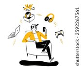 Young man sitting on sofa using smart phone to order products online. Hand drawing vector illustration.