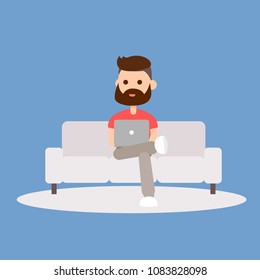 Young man sitting on the sofa working with laptop. Flat modern illustration in social networking.
