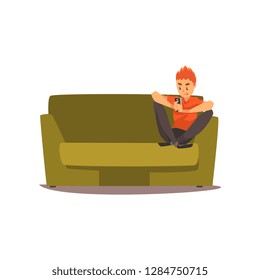 Young man sitting on the sofa with smartphone vector Illustration