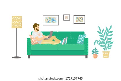 A young man is sitting on a sofa and working from home with a laptop. Cozy modern living room with a sofa, houseplants, lamp, paintings. Man indoors at remote work. Flat vector illustration.