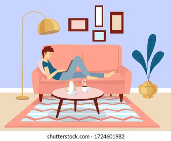 Young man sitting on the sofa with laptop. Working at home, freelance and quarantine concept. Stylish  interior in bright blue and coral colors.  Cartoon vector illustration.