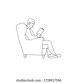 Young man sitting on sofa and reading book line art. Studying concept. Male student linear icon. Home activity. Living room. Modern lifestyle. Comfortable and cozy couch sign - Vector illustration.