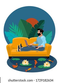 
A young man is sitting on a sofa with a laptop. Freelancer, a man at work, a student. Vector illustration in cartoon style.