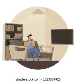 Junge Mann sitzt auf dem Sofa zu Hause und arbeitet mit Laptop. Flache moderne Illustration von jungen Studierenden, die in sozialen Netzwerken chatten und an Freunde SMS schreiben