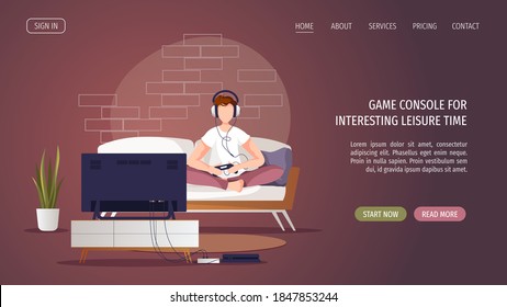 Young man sitting on the sofa and playing a game console in front of the TV. Living room, interior, home leisure, spare time, television concept. Vector illustration for poster, banner, website.