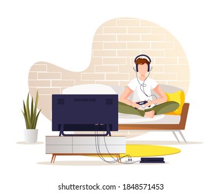 Young man sitting on the sofa and playing a game console in front of the TV. Living room, interior, home leisure, spare time, television concept. Vector illustration for poster, banner, cover.
