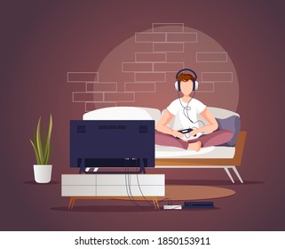 Joven sentado en el sofá y jugando a una consola de juegos frente al televisor. Sala de estar, interior, ocio en casa, tiempo libre, concepto de televisión. Ilustración vectorial para afiches, banner, sitio web.