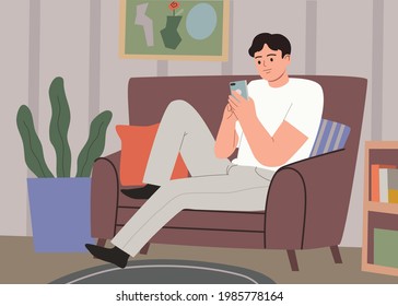 A young man sitting on a sofa and holding a smartphone. Relax and communication. Hand drawn vector colorful funny cartoon style illustration