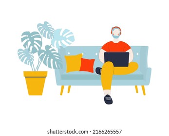 Young man sitting on the sofa with laptop. Freelancer or student concept. Vector illustration