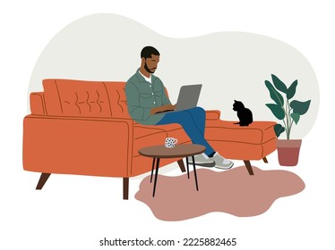 Young man sitting on the sofa and working on laptop. Freelancer work remote from home in comfortable worrkplace. Man self employed concept. African american male character vector illustration.