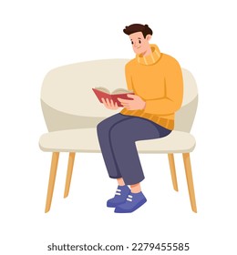 Young Man Sitting on Sofa Reading Book Spending His Time at Home Vector Illustration