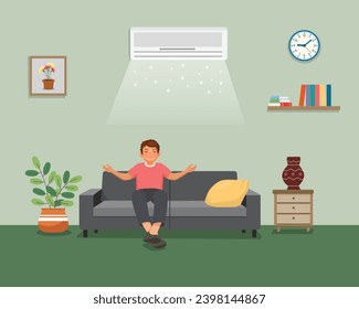 Young man sitting on sofa relaxing enjoying under air cooling with Air Conditioner at home