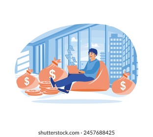 Young man sitting on the sofa. Work as a freelancer and earn money online. Passive income concept. Flat vector illustration.