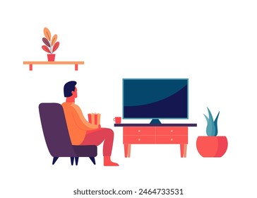 Joven sentado en el sofá y viendo la televisión en la sala de estar y comiendo palomitas de maíz, fin de semana relajante en casa. Ilustración vectorial plana aislada sobre fondo blanco.
