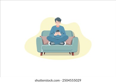 Un joven sentado en un sofá y sosteniendo un teléfono inteligente. Relax y comunicación. Dibujado a mano Vector colorida ilustración de estilo de dibujos animados