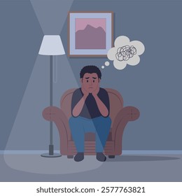 young man is sitting on sofa at night. Psychological problems. Adolescent troubles. Frustration vector illustration
