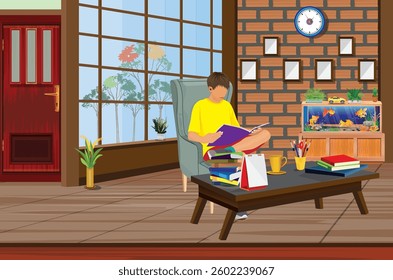 A young man is sitting on a sofa in the room reading a book.vector design