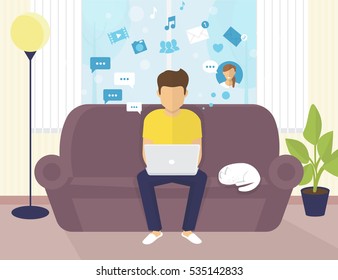 Young man sitting on the sofa at home interior and working with laptop. Flat modern illustration of young student chatting in social networking and texting to friends