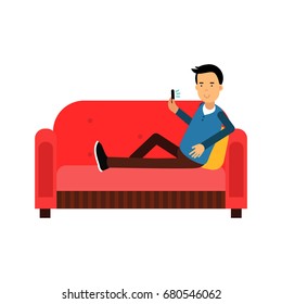 Young man sitting on a sofa using his smartphone vector Illustration
