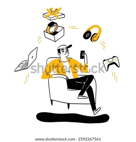 Young man sitting on sofa using smart phone to order products online. Hand drawing vector illustration.