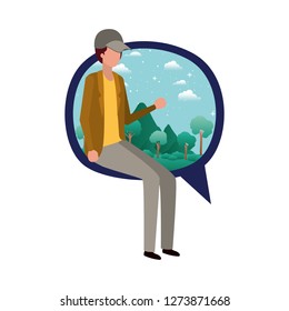 young man sitting on speech bubble with landscape