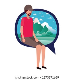 young man sitting on speech bubble with landscape