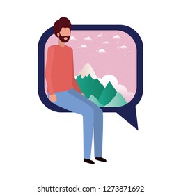 young man sitting on speech bubble with landscape