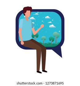young man sitting on speech bubble with landscape
