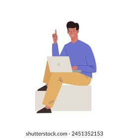 Young man sitting on square blocks working on laptop with raised finger gesture. Male character worker or student. Education concept. Vector illustration on isolated background