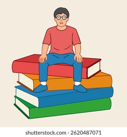 Young Man Sitting on a Stack of Colorful Books – Flat Vector Illustration
