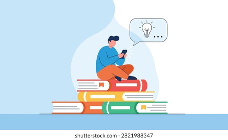Young man sitting on a stack of giant books and using a smartphone with a light bulb idea bubble floating above him.