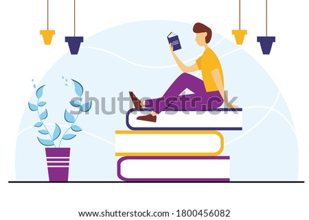 Young man sitting on a stack of books. Guy reading an interesting story. Cute illustration in a flat style. Learning or hobby concept. 