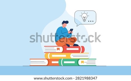 Young man sitting on a stack of giant books and using a smartphone with a light bulb idea bubble floating above him.