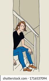 A young man is sitting on the stairs waiting for a girl to date