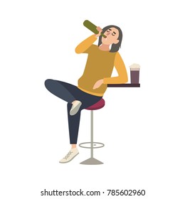 Young man sitting on stool at bar and drinking beer from bottle. Male cartoon character with alcohol abuse isolated on white background. Alcoholic or drunkard. Flat colorful vector illustration.