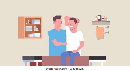 young man sitting on table professional masseur therapist doing healing treatment massaging patient body manual therapy physiotherapy concept horizontal copy space vector illustration