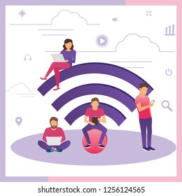Junger Mann sitzt auf dem weißen WLAN-Schild und mit Laptop, Frauen lesen Nachrichten auf Tablet, Mann hält Smartphone und Teenager sitzen mit Laptop. Flache Illustration von sozialen Netzwerken mit Gadgets
