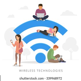 Young man sitting on the wi-fi blue sign and using laptop, girl reading news on tablet pc, woman holds smartphone and teenager sitting with laptop. Flat illustration of social networking with gadgets 