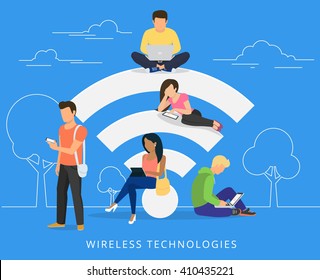 Young man sitting on the wi-fi white sign and using laptop, women reading news on tablet, guy holds smartphone and teenager sitting with laptop. Flat illustration of social networking with gadgets