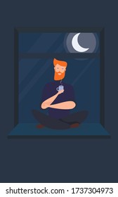 A young man is sitting on the windowsill at home. Hand-drawn color vector illustration. Meditation, drinking wine. 